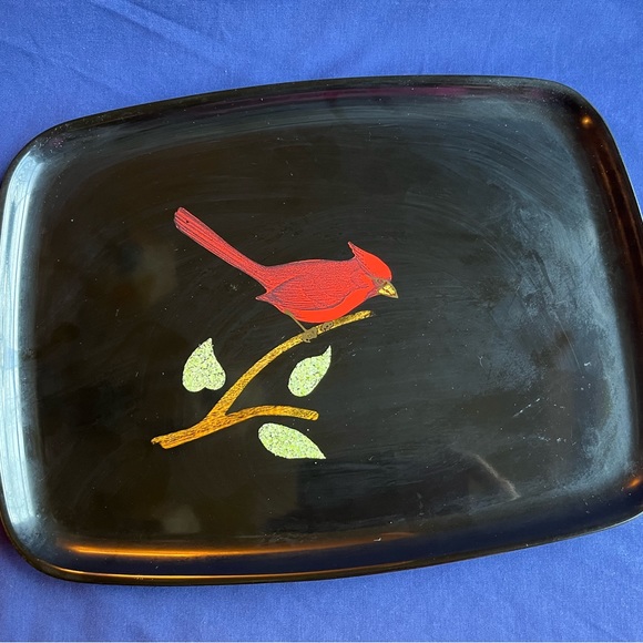 Vintage Couroc of Monterey Black Lacquer Tray with Red Cardinal & Branch - Picture 4 of 7
